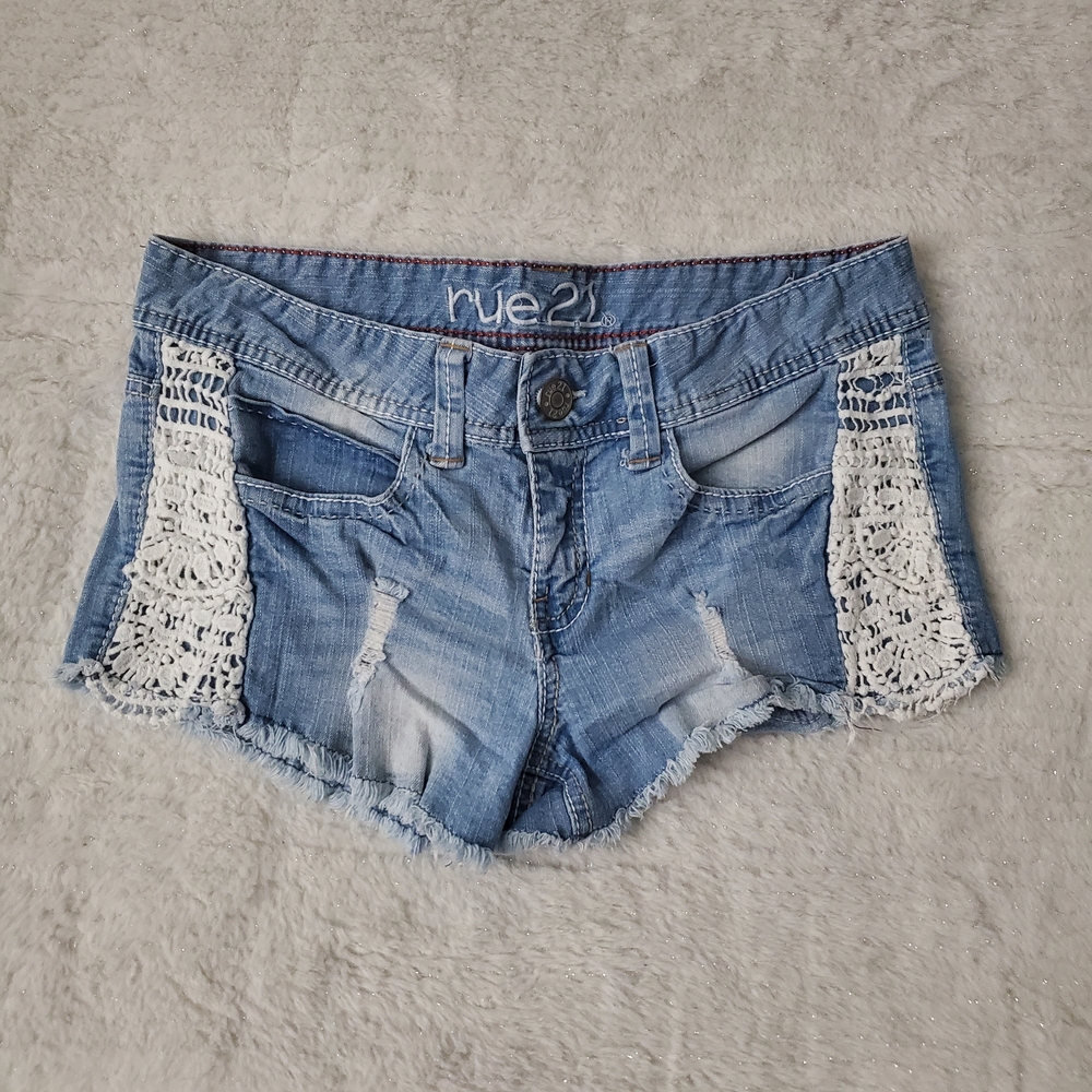 Rue21 Light Blue Denim Jean Crochet Trim Low Rise Shorts